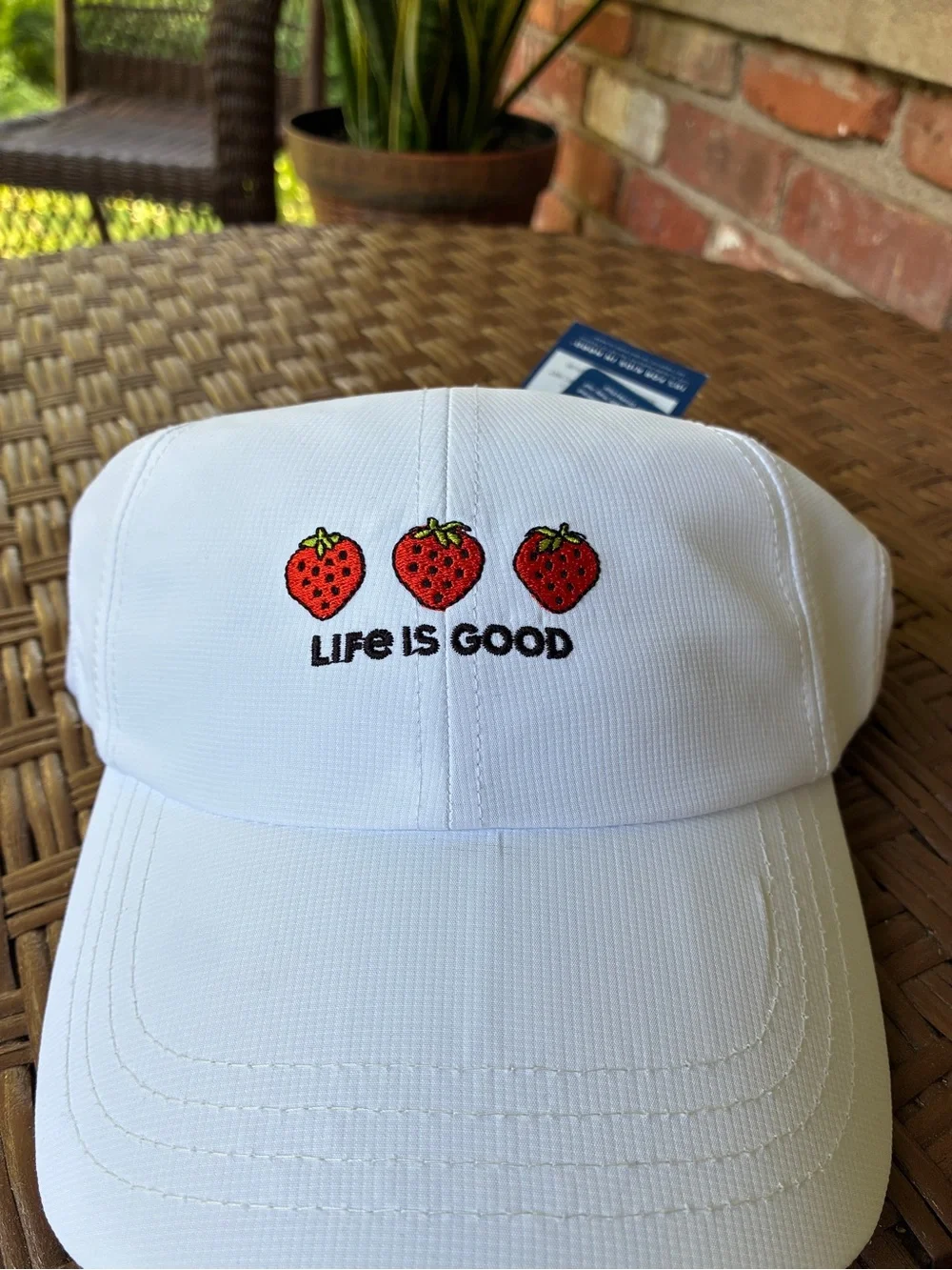 Life Is Good White Cap with Red Strawberry Embroidery
